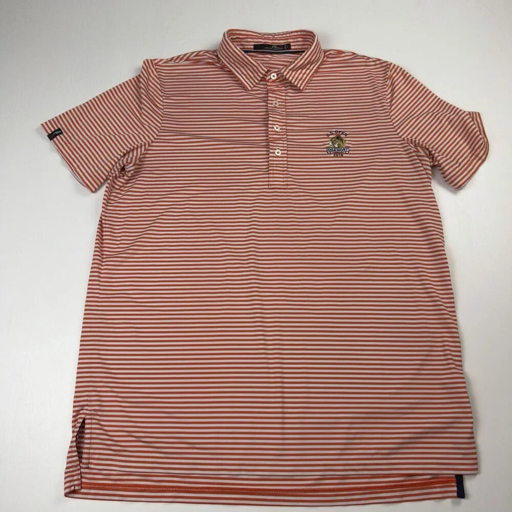 RLX Ralph Lauren Golf Polo Mens L Orange, White Stripe 2016 US Open Oakmont